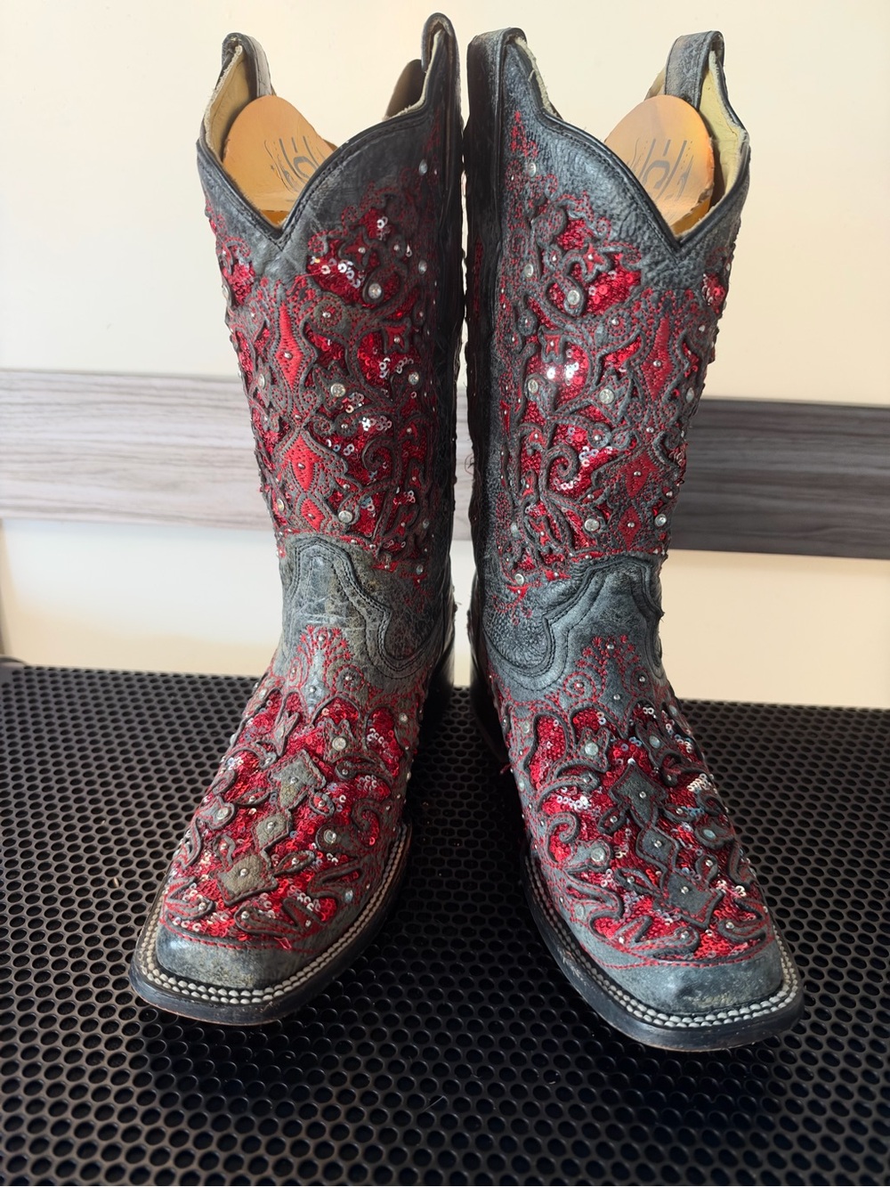 Women's Embellished Red & Gray Western Heeled Boots